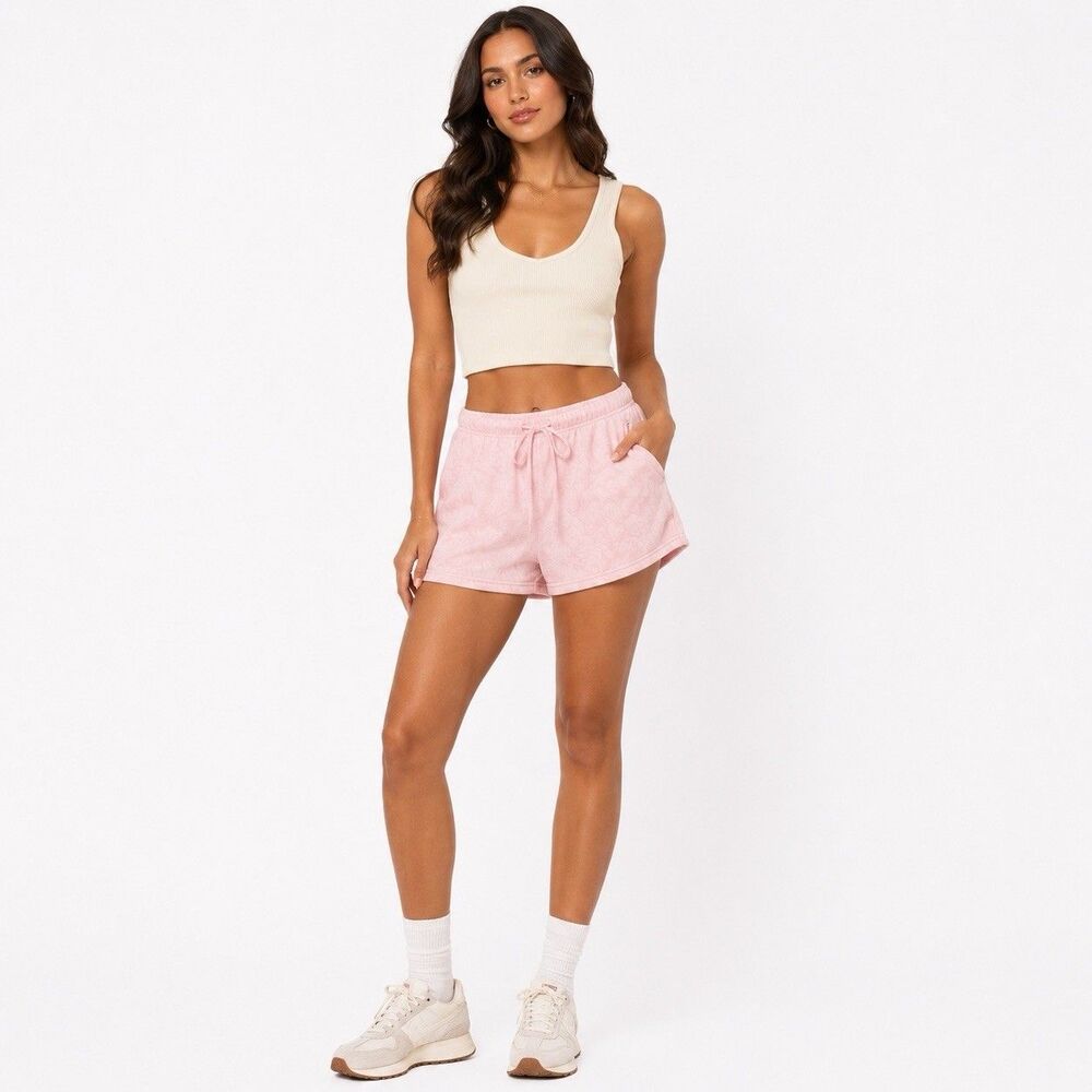 Reflex Sweat Shorts Set Women Sz L Pink Camo & Beige Top Ultra Soft Fleece Comfy